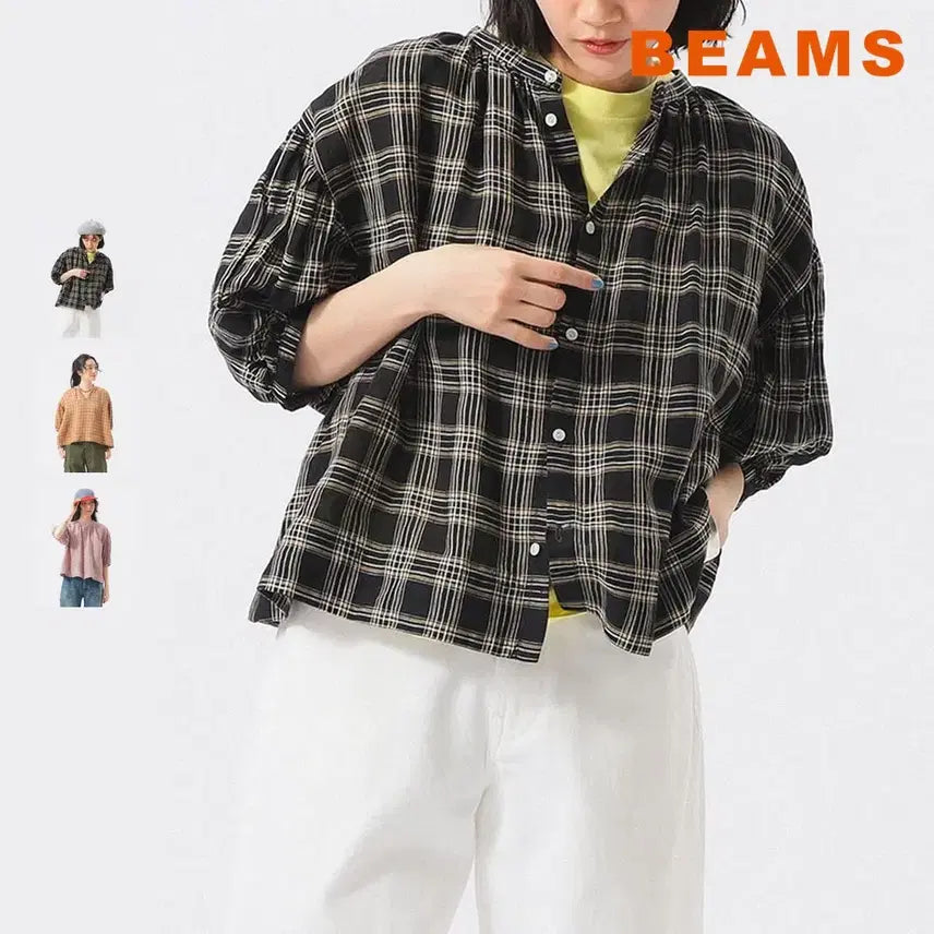 [BUNJANG] Beams Boy Linen Check Smock Shirt / 빔즈 보이 리넨 체크 스목 셔츠