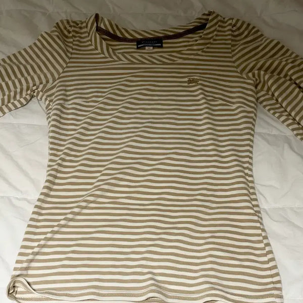 [BUNJANG] Vintage Burberry Striped Short-Sleeve T-Shirt (Beige) / 빈티지 버버리 스트라이프 반팔 기마 로고 베이지