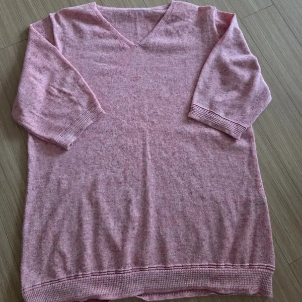 [BUNJANG] Pink V-Neck 7/10 Sleeve Knit Sweater / 핑크색 V넥 7부 니트