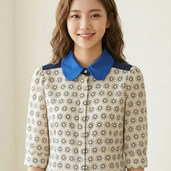 [BUNJANG] JILLSTUART Blue Collar Pattern Blouse 7-Sleeve / 질스튜어트 블루 카라 패턴 블라우스 | 55 | 7부소매 | 정가 19