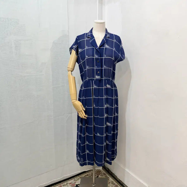 [BUNJANG] Vintage Japanese Check Chiffon Blue Long Dress Summer Dress / 일본빈티지 체크쉬폰 블루 롱원피스 여름원피스 4857