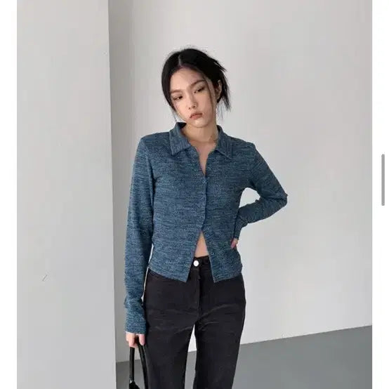 [BUNJANG] Black Up Nixie Button Collar T-Shirt Blue / 블랙업 닉시 버튼 카라티 블루