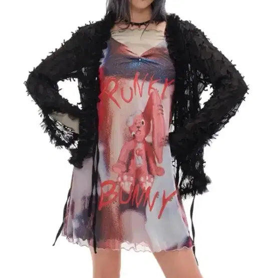 [BUNJANG] Yuthbath Pierce Mesh Dress & Chiffon Cardigan Set / 유쓰배쓰 PIERCE MESH DRESS&CHIFFON CARD 세트