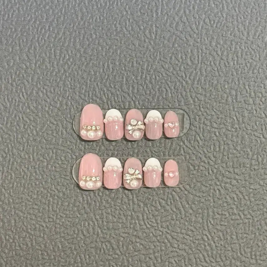 [BUNJANG] Handmade Pink Ribbon Pearl Nail Tips (Size M) / 핑크 리본 진주 수제 네일팁 m사이즈