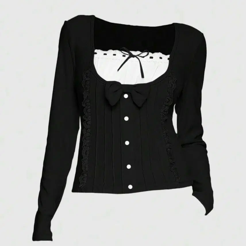 [BUNJANG] Goth Lolita Long Sleeve Black Blouse / (새상품)고스로리공겜여주핀터깔리본블랙블라우스롱슬리브티셔츠