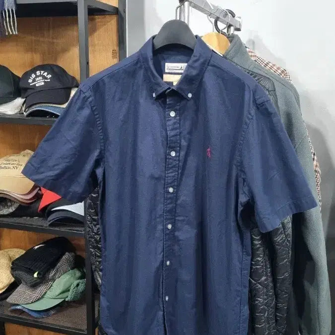 [BUNJANG] Beanpole Navy Solid Oxford Short-Sleeve Shirt / 빈폴 네이비 솔리드 옥스포드 반소매 셔츠 95(s) 상태좋음