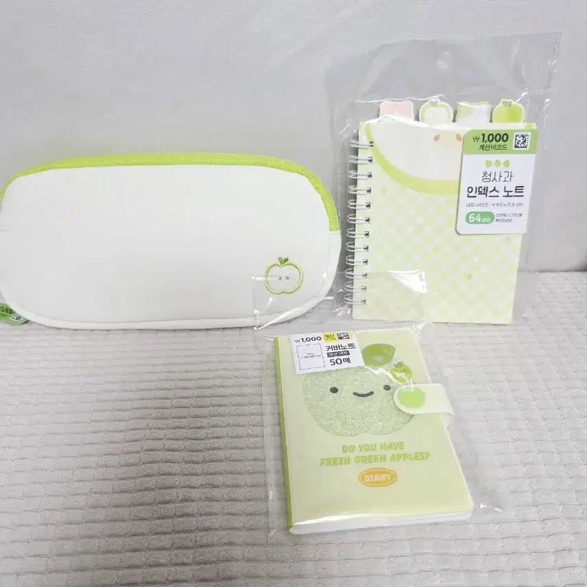 [BUNJANG] Daiso Green Apple Pencil Case & Index Note Set / 다이소 청사과 시리스