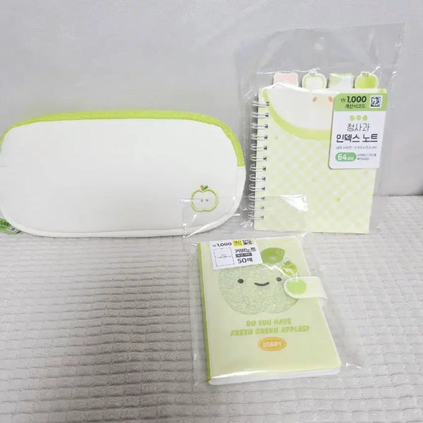 [BUNJANG] Daiso Green Apple Pencil Case & Index Note Set / 다이소 청사과 시리스