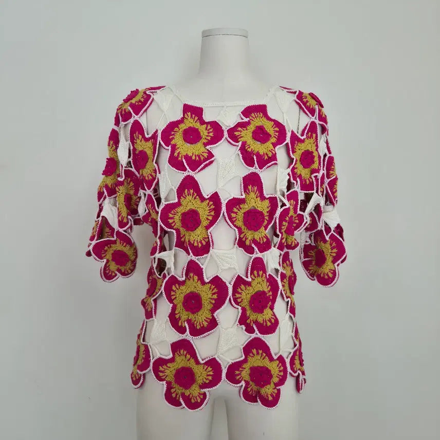 [BUNJANG] Hot Pink Crochet Knit Floral Top Vintage / 핫핑크 뜨개 플라워 크로셰 니트 일본빈티지