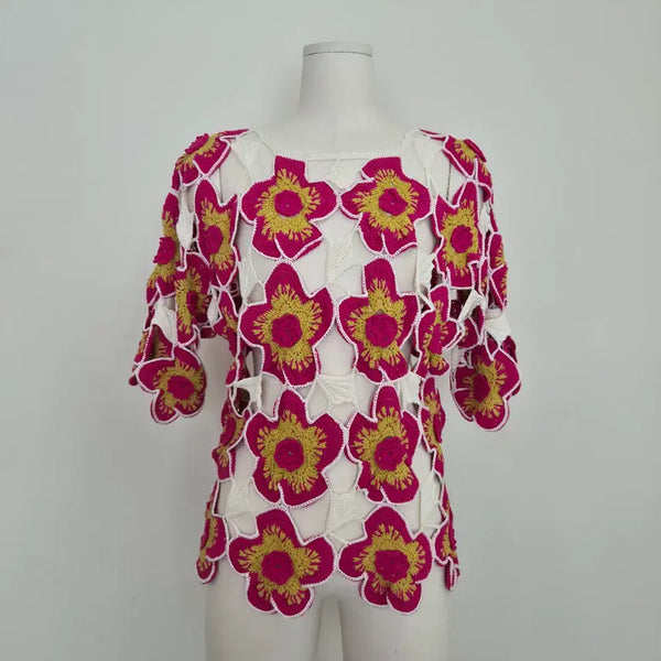 [BUNJANG] Hot Pink Crochet Knit Floral Top Vintage / 핫핑크 뜨개 플라워 크로셰 니트 일본빈티지