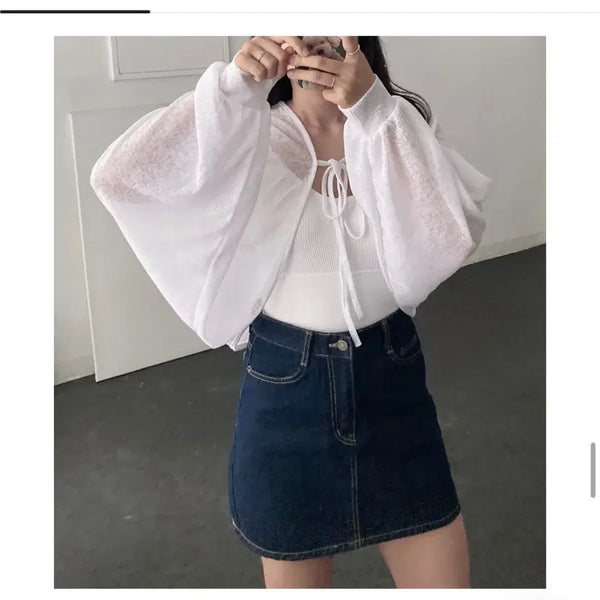[BUNJANG] Ablley See-through Ribbon Bolero Cardigan / 급처 에이블리 시스루 리본 볼레로 가디건