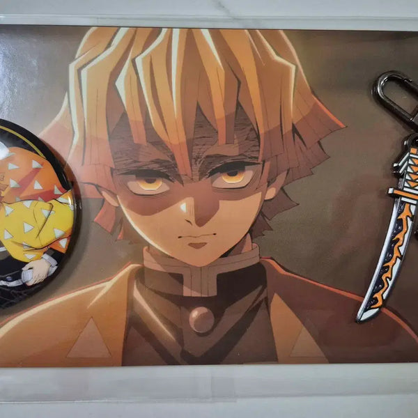 [BUNJANG] Demon Slayer Agatsuma Zenitsu Random Can Badge + Postcard Set + Nichirin Sword Keychain / 귀멸의 칼날 귀칼 아가츠마 젠이츠 랜덤 캔뱃지+엽서세트+일륜도 키링