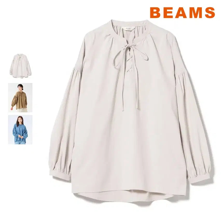 [BUNJANG] BEAMS HEART Lace-up Ribbon Washable Blouse / 빔즈 하트 레이스업 리본 워셔블 블라우스
