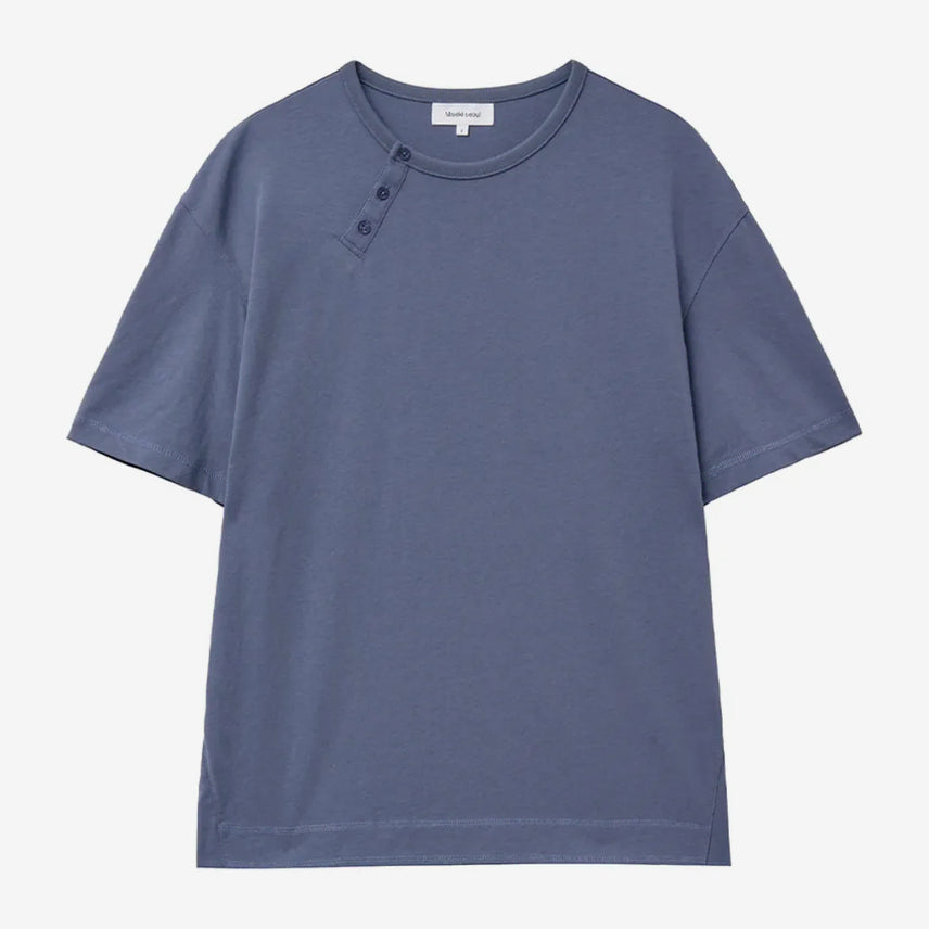 [BUNJANG] MISEKIMUSEAL Diagonal Henley Neck Short Sleeve Blue / [미세키서울]Diagonal henley neck short sleeve