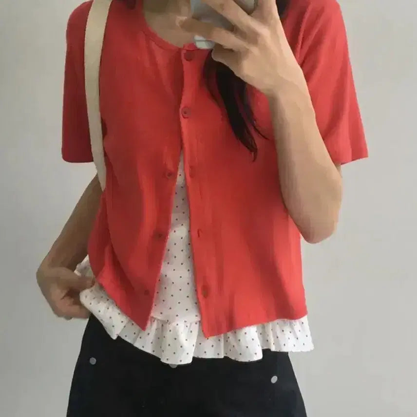 [BUNJANG] Daily Jou Ticoz Dot Frill Sleeveless Cardigan Set / 데일리쥬 티코즈 도트 프릴 나시 가디건 세트