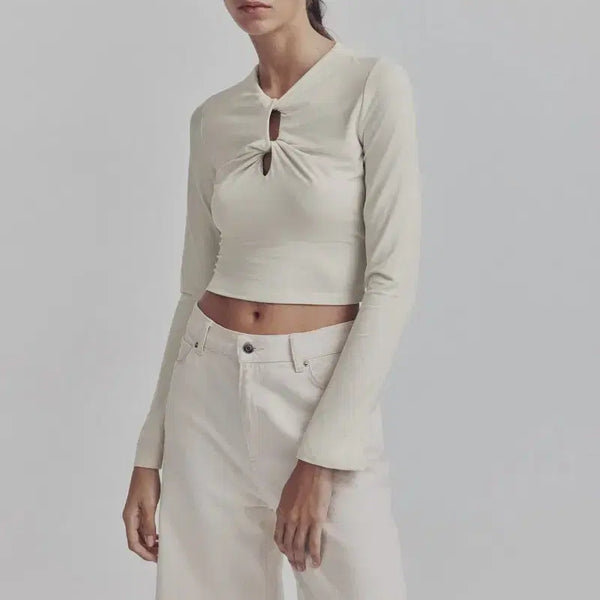 [BUNJANG] Cream Slit Sleeve Crop Top / 여리한 느낌의 소매 크롭티 L