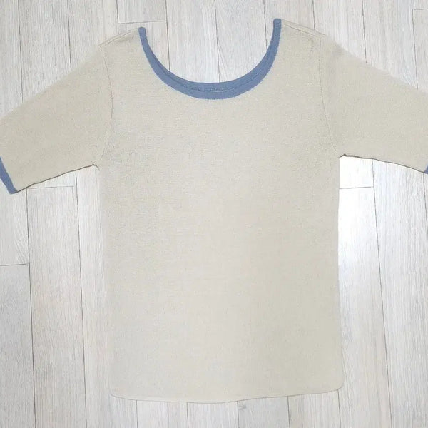 [BUNJANG] MICHAA Colorblock Slim Fit Summer Short Sleeve T-Shirt (Light Beige/Blue) Size S / 미쏘 여성  배색 슬림핏  여름반팔티 (연베이지.블루) s사이즈
