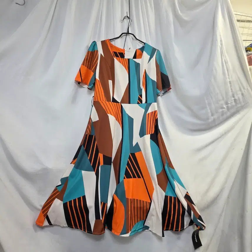 [BUNJANG] Geometric Pattern Long Dress - Size 95 / Langwyqu여성 기하학 패턴발팔원피스95