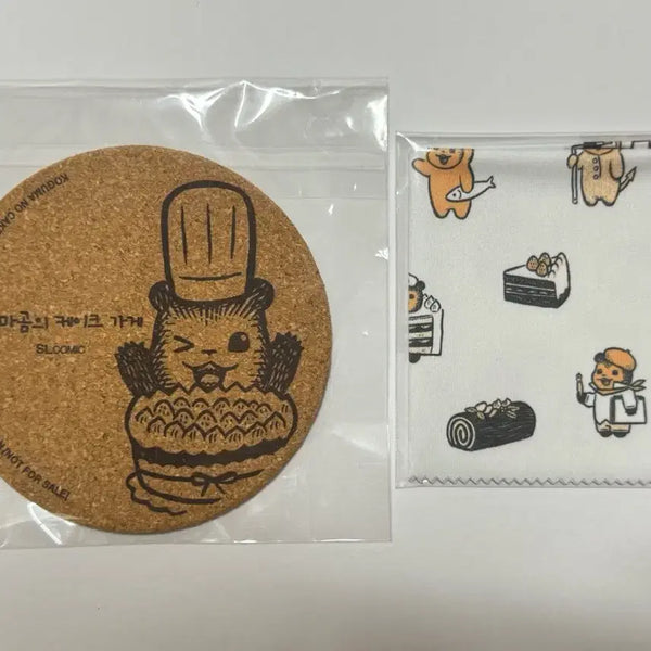 [BUNJANG] Kkomi Bear's Cake Shop Cork Coaster & Glasses Cleaner Set / 꼬마곰의 케이크 가게 코르크 코스터 & 안경닦이