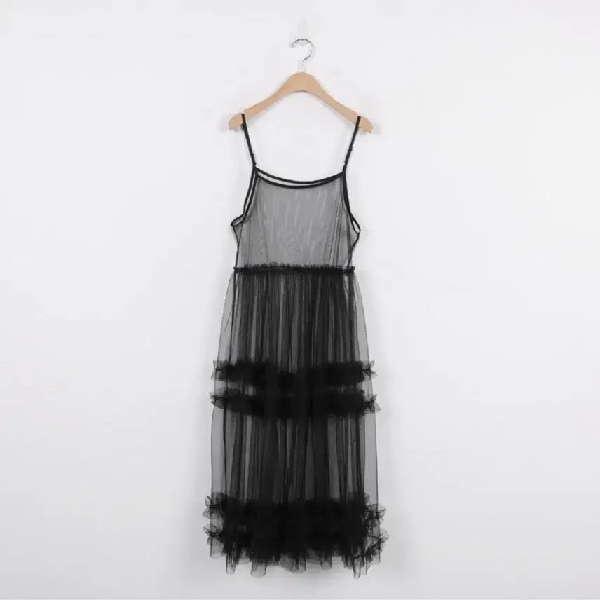 [BUNJANG] Hanaunni Sheer Ruffle Layered Dress Black / 하나언니 시스루 캉캉 블랙 레이어드 원피스