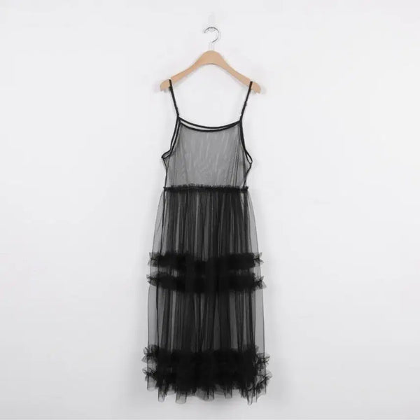 [BUNJANG] Hanaunni Sheer Ruffle Layered Dress Black / 하나언니 시스루 캉캉 블랙 레이어드 원피스