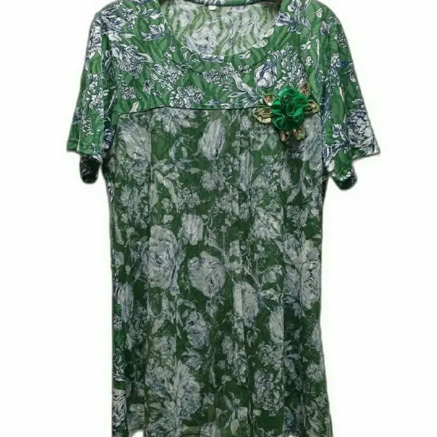 [BUNJANG] Mesh Floral Layered T-Shirt - Green / 새상품/코사지 이중꽃망사티