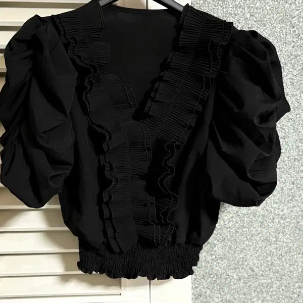 [BUNJANG] Black Puff Sleeve Ruffle Blouse / 블랙 퍼프 소매 프릴 블라우스 셔링블라우스 하객룩