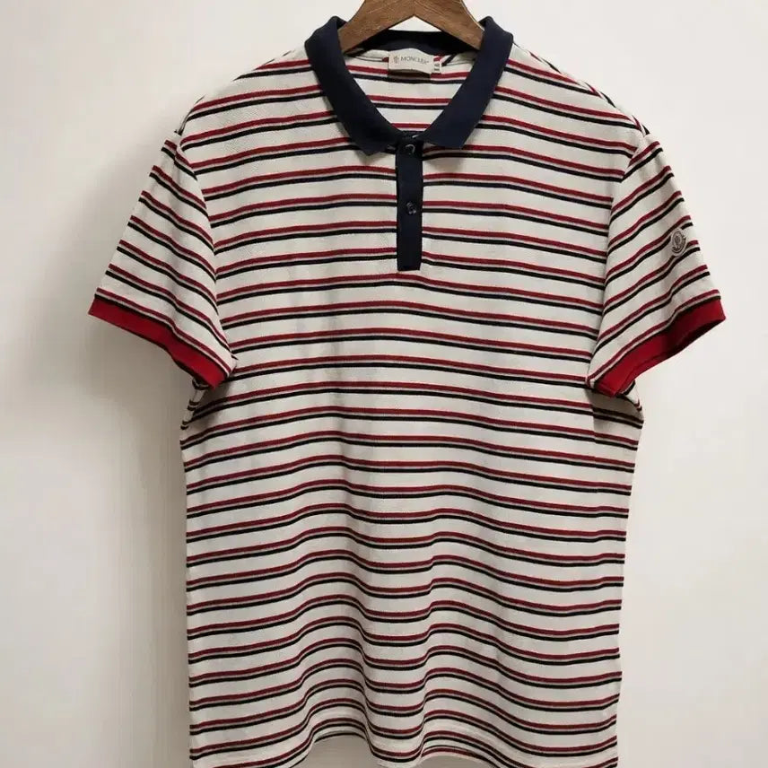 [BUNJANG] Moncler Striped Short-Sleeve Polo Shirt Navy/Red / 몽클레어 스트라이프 반팔 카라티 네이비/레드