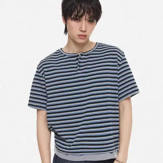 [BUNJANG] DNSLAYER Layered Stripe Henley Neck Navy / [L] 디엔에스알 레이어드 스트라이프 헨리넥 네이비