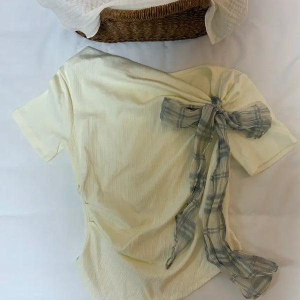 [BUNJANG] Eggcar Ribbon Pleated Top (Apricot) / 에그카 리본 플리트 탑(살구)