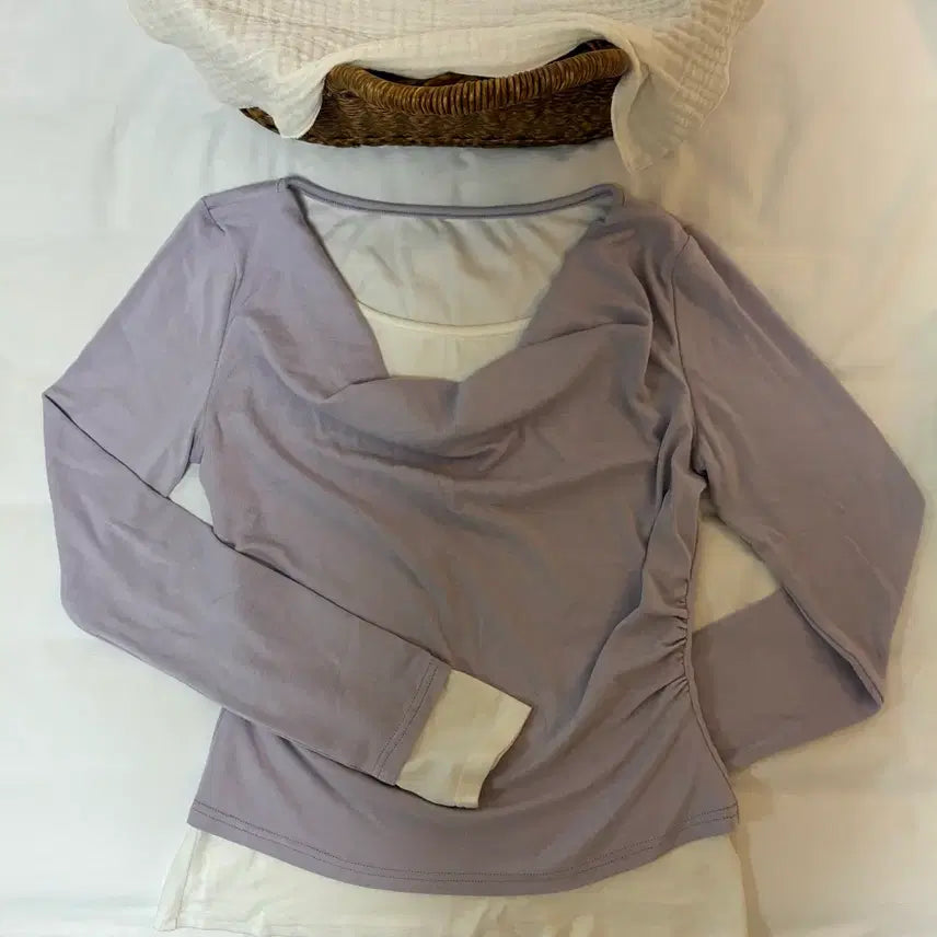 [BUNJANG] Eggca Layered Drape Neck Long Sleeve Top (Purple) / 에그카 레이어드 드레이프넥 롱슬리브 탑(보라)