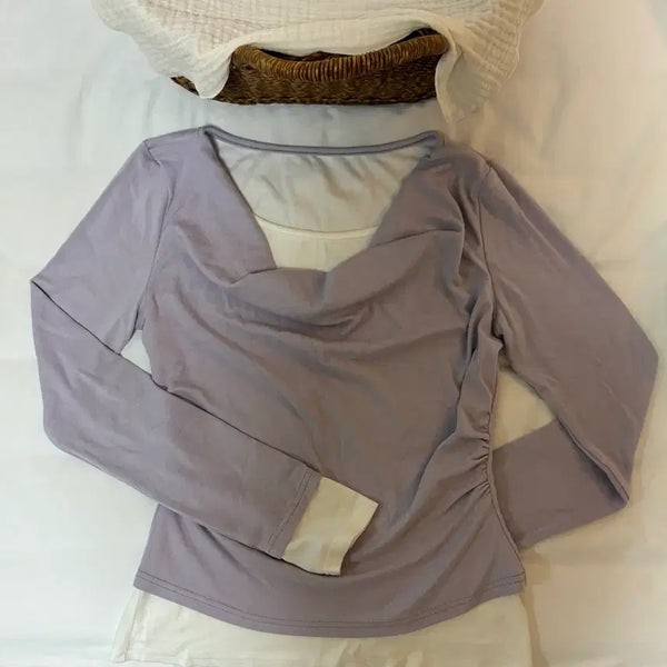 [BUNJANG] Eggca Layered Drape Neck Long Sleeve Top (Purple) / 에그카 레이어드 드레이프넥 롱슬리브 탑(보라)