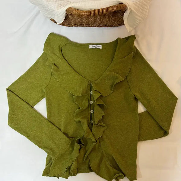 [BUNJANG] Ruffle Knit Cardigan (Olive) / 러플 니트 가디건(올리브)