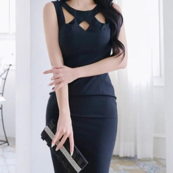 [BUNJANG] Black Cut-out Sleeveless Mini Dress / 컷아웃 슬리브리스 캡 원피스 민소매 드레스 나시 섹시 홀복 파티 클럽룩