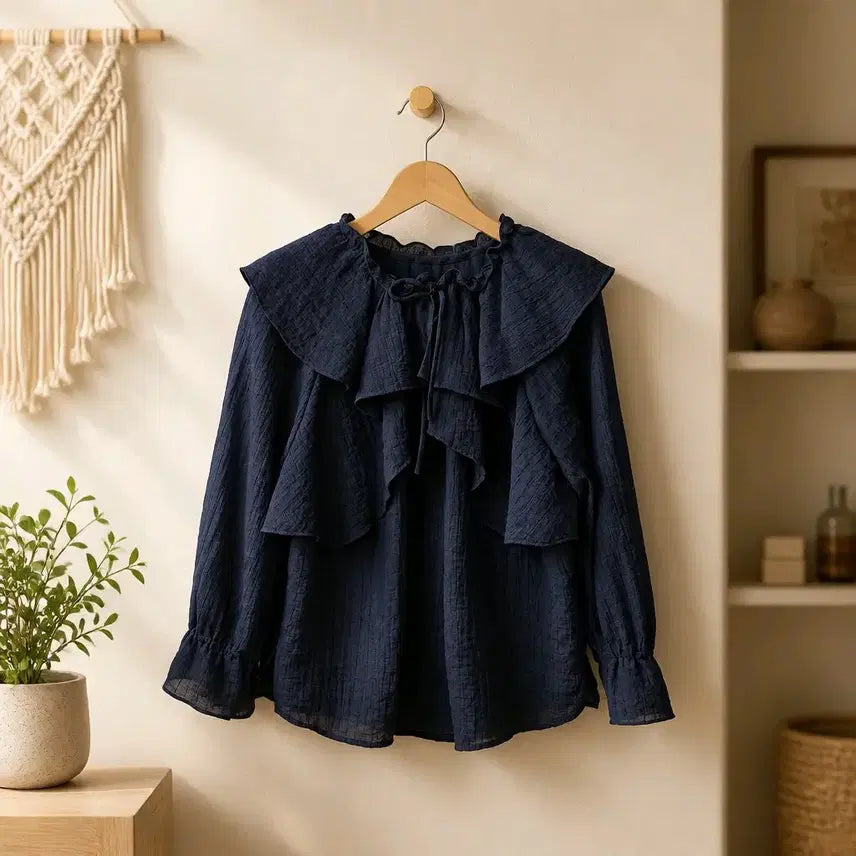 [BUNJANG] SJSJ 2021 Big Collar Frill Ribbon Blouse / 한섬 SJSJ 2021 빅카라 프릴 리본 블라우스76-90-155사이즈