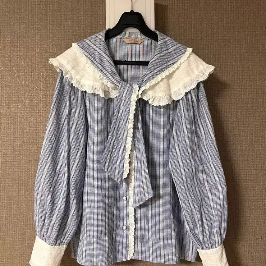 [BUNJANG] VITAL SIGN Sailor Collar Blouse Check Frill Puff Ribbon Pearl Lace / 바이탈싸인 더블 세일러 빅카라 블라우스 체크 프릴 퍼프 리본 진주 레이스