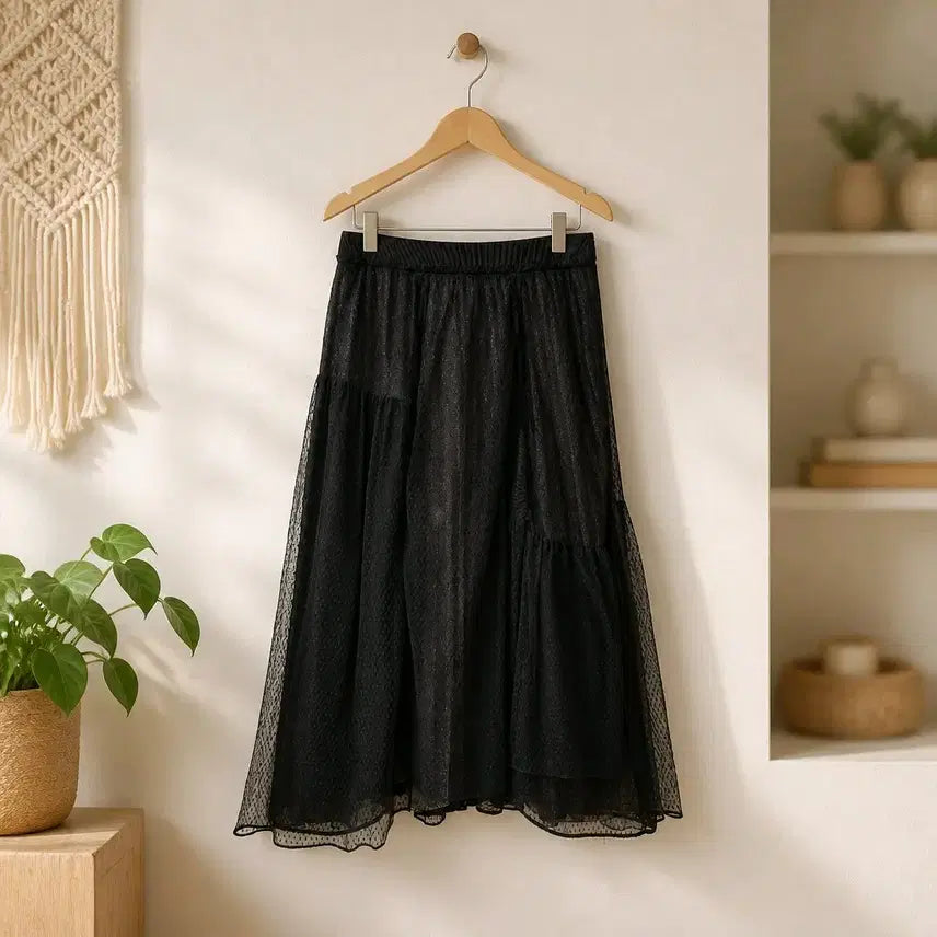 [BUNJANG] MINE 2021 Glitter Tulle Layered Long Flare Skirt / 한섬 마인 2021 글리터 튤 레이어드 롱 플레어 스커트 67-98사이즈