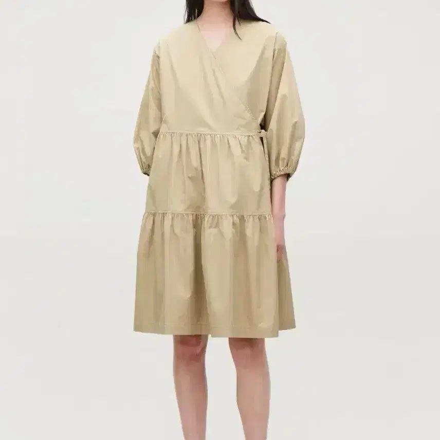 [BUNJANG] COS Gathered A-Line Wrap Dress Beige Cotton Balloon Sleeve / 코스cos 개더드 A라인 랩 드레스 베이지 바스락 코튼 벌룬 퍼프 원피스