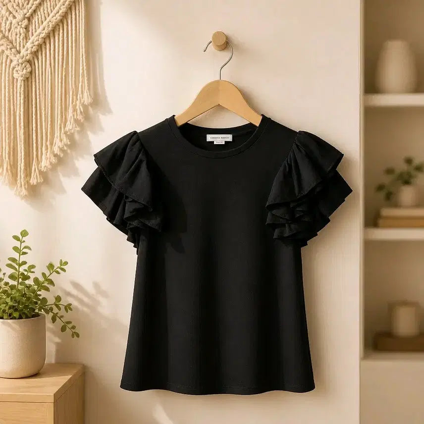 [BUNJANG] Alexander McQueen Ruffled Sleeve Cotton T-Shirt - Size 38 / 알렉산더 맥퀸 러플 슬리브 반팔 티셔츠 38사이즈