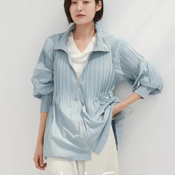 [BUNJANG] Hansstyle Pleated Zip-Up Jumper Lightweight Windbreaker with Waist String / 한스스타일 제작 플리츠 집업 점퍼 소라색 경량바람막이 허리스트링 주름자켓