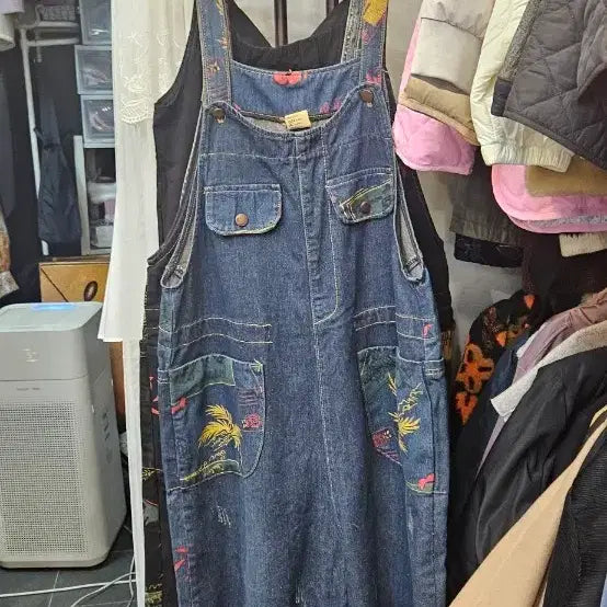 [BUNJANG] Denim Overall Dress with Palm Tree Pattern / 청멜빵 원피스 야자수 패턴