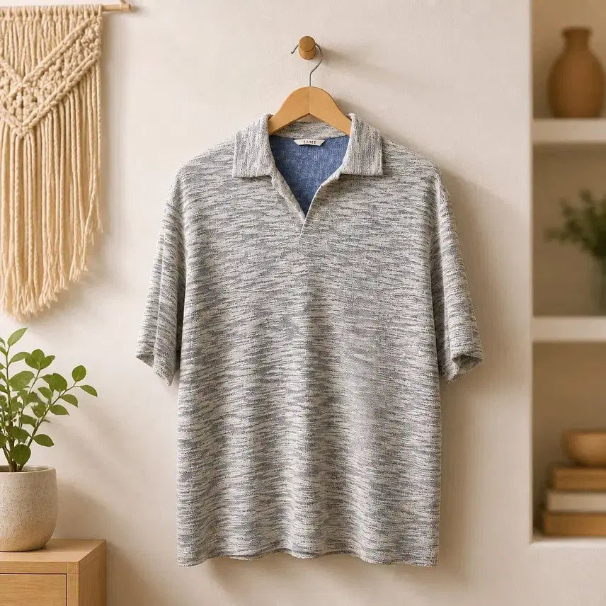 [BUNJANG] TIME 2023 Open Collar Short Sleeve Knit (Size 105) / 한섬 타임(TIME) 2023 부클 오픈카라 반팔 니트 105사이즈