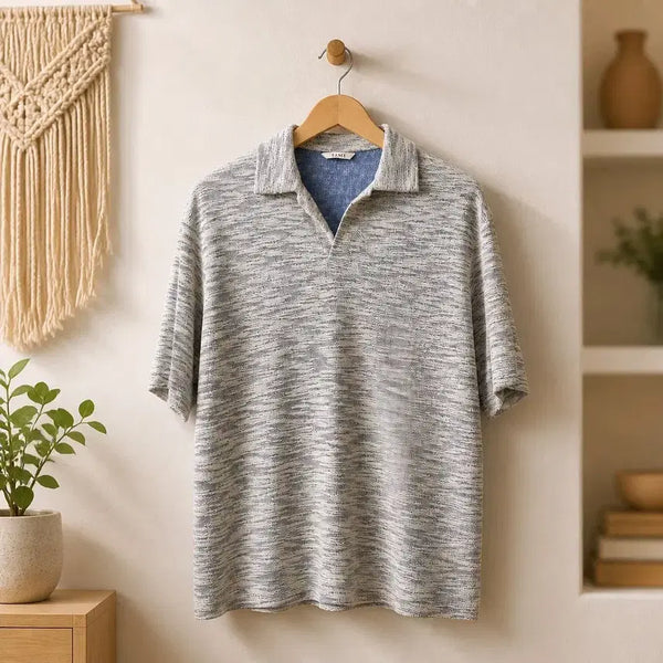 [BUNJANG] TIME 2023 Open Collar Short Sleeve Knit (Size 105) / 한섬 타임(TIME) 2023 부클 오픈카라 반팔 니트 105사이즈