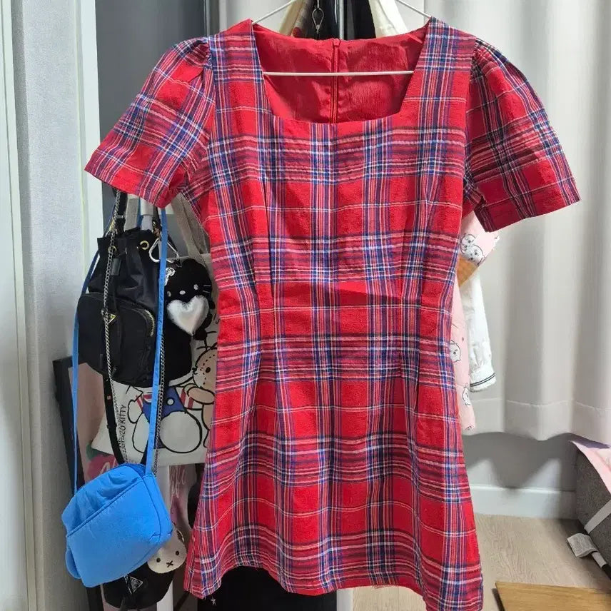 [BUNJANG] Red Check Square Neck Puff Sleeve Mini Dress / 레드 체크 스퀘어넥 퍼프소매 미니원피스