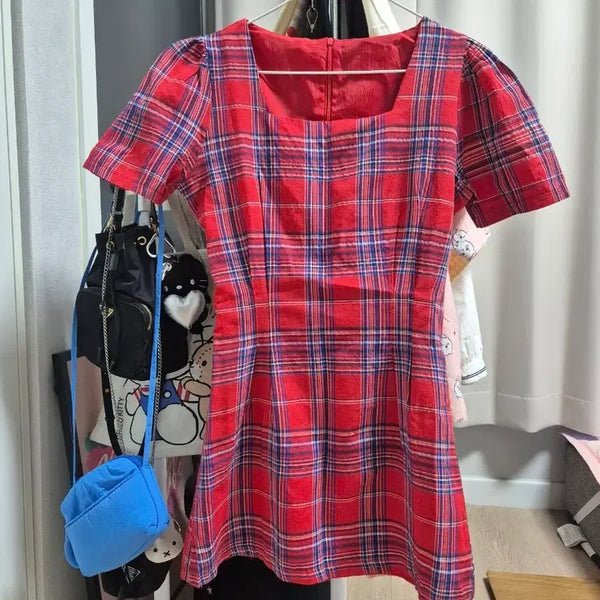 [BUNJANG] Red Check Square Neck Puff Sleeve Mini Dress / 레드 체크 스퀘어넥 퍼프소매 미니원피스