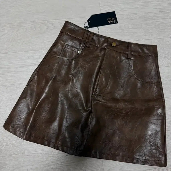 [BUNJANG] Bina&Co Brown Leather Skirt / 비나앤코 브라운 레더 스커트 새상품