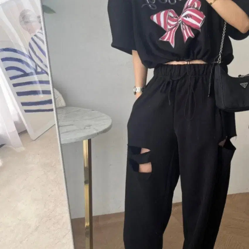 [BUNJANG] Ssorywon Ribbon Puff Cropped String Cutting Wide Pants Set-Up / 써리원 리본퍼프 반크롭스트링  컷팅 와이드 팬츠 셋업