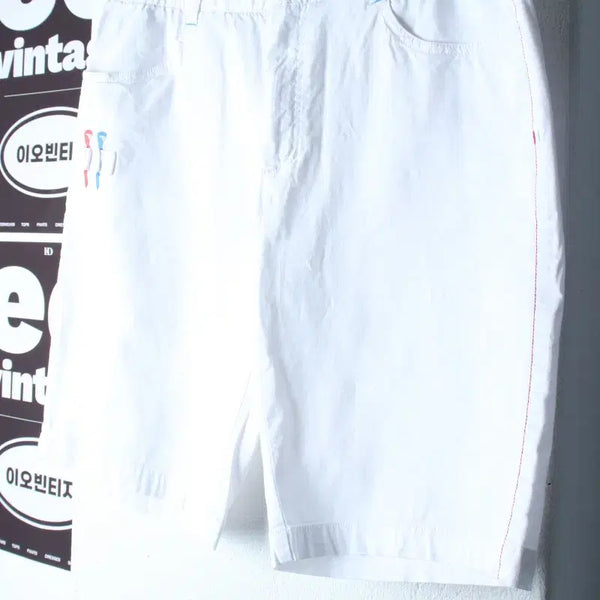 [BUNJANG] Elle Stitch White Poly Shorts Pants P10505 / (L) 엘르 반바지 팬츠 골프 스티치 화이트 폴리-P10505