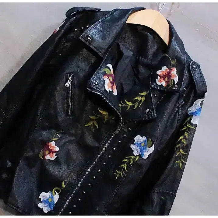 [BUNJANG] SHEIN Flower Embroidered Leather Rider Jacket / SHEIN 플라워 자수 가죽 라이더 자켓 (여성F)