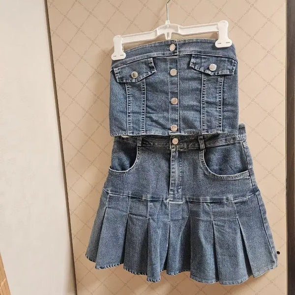 [BUNJANG] Light Wash Denim Tube Top and Mini Skirt Set / 에이블리 청 데님튜브탑 미니스커트 세트